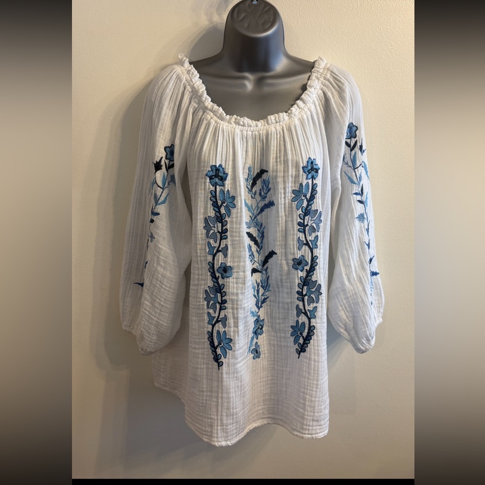 Blue and white embroidered cotton top, size L
